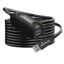 MediaRange Active USB Extension Cable, USB-A Plug to USB-A Socket, 1x Repeater, USB 3.0, 5 Gbps Data Transfer Rate, 5m, Black (M