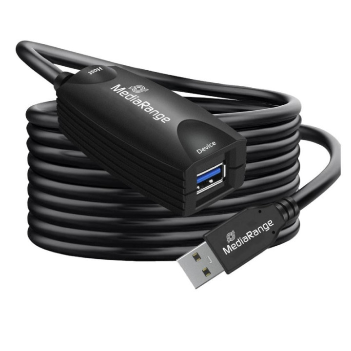 MediaRange Active USB Extension Cable, USB-A Plug to USB-A Socket, 1x Repeater, USB 3.0, 5 Gbps Data Transfer Rate, 5m, Black (M