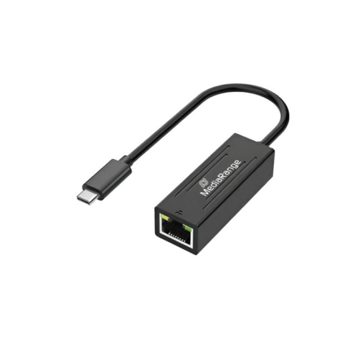 MediaRange USB Type-C® Ethernet Adapter with RJ45 Port, 10/100/1000 Mbps, 20cm, Black (MRCS237)