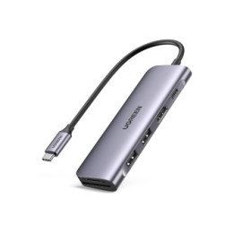 Ugreen Hub adapter 6 in 1 CM195 USB-C to 2x USB 3.0 HDMI SD/microSD 100W gray (70411) (UGR70411)