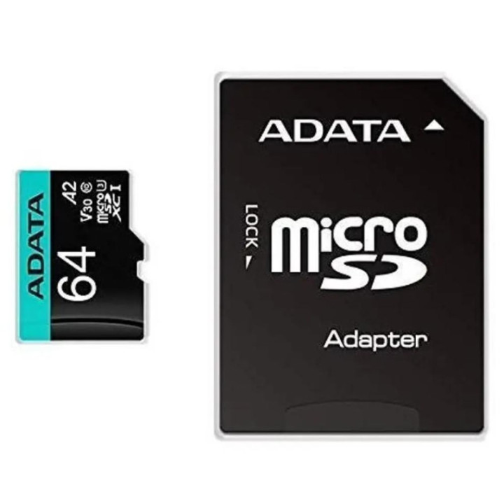 Adata microSD PremierPro 64GB UHS1 U3 V30 A2+adapter (AUSDX64GUI3V30SA2-RA1) (ADAAUSDX64GUI3V30SA2-RA1)