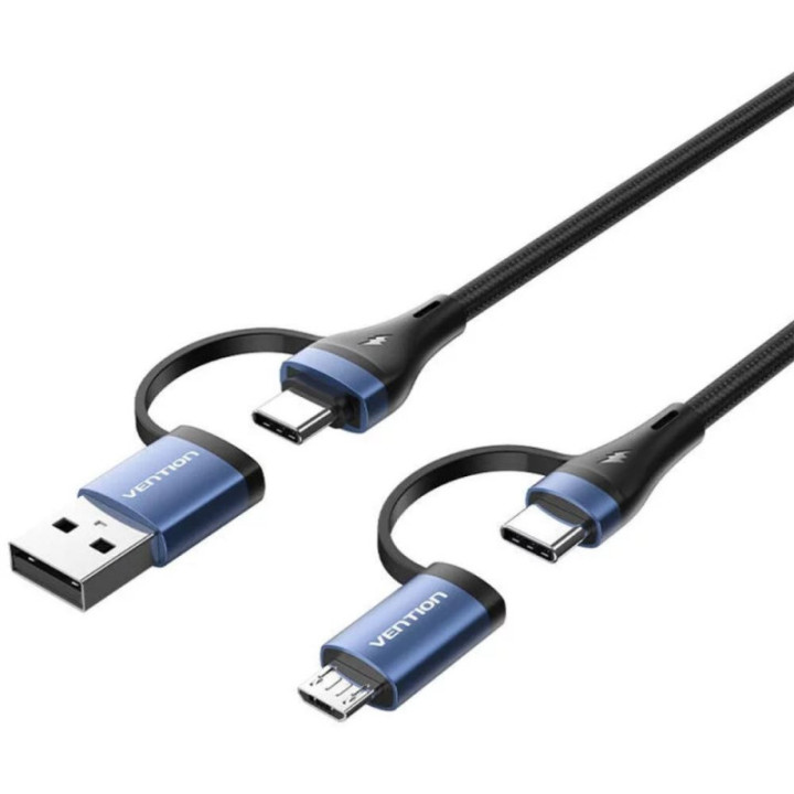 VENTION 4-in-1 Cotton Braided USB 2.0 Type-A Male + USB-C Male to USB-C Male + Micro Type-B Male 5A Cable 1M Blue Aluminum Alloy