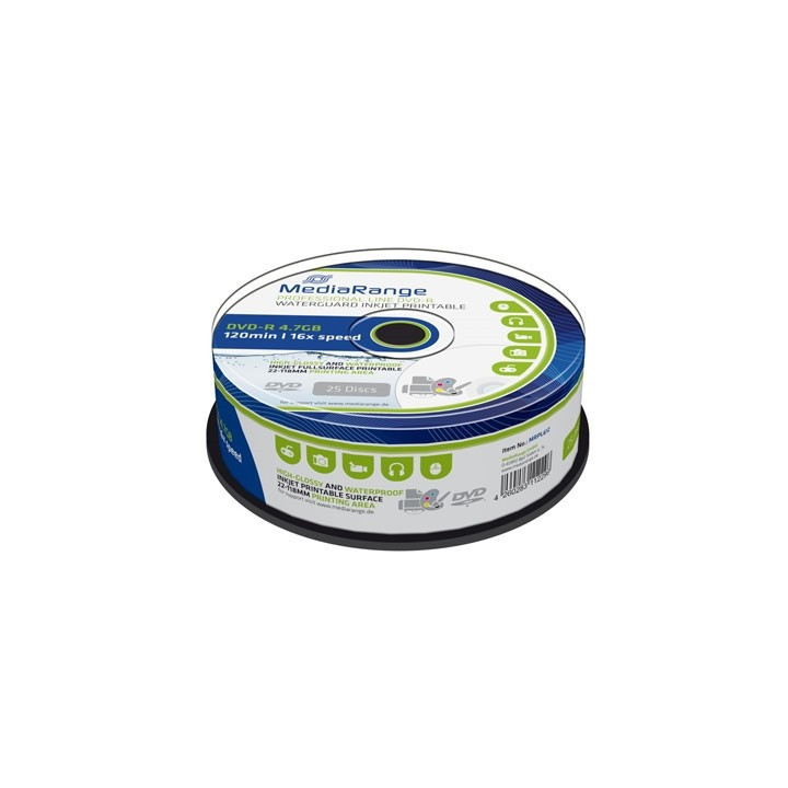 MediaRange DVD-R 120' 4.7GB 16x Inkjet fullsurf. print., Waterguard white, High-glossy, Waterproof, Wide sput. (MRPL612)